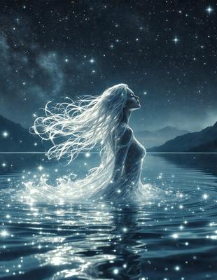 The primary subject of the image is a woman with long blonde hair, who appears to be a mermaid. She is standing in the water, surrounded by a beautiful night sky filled with stars. The setting is a serene body of water, and the visual style is a digital art or illustration. The colors and mood of the image are predominantly blue and serene, creating a peaceful and enchanting atmosphere.